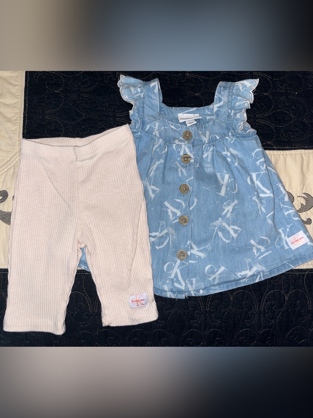 Calvin Klein Jeans Pale Blue Abstract Infant top with Wood-Tone Buttons